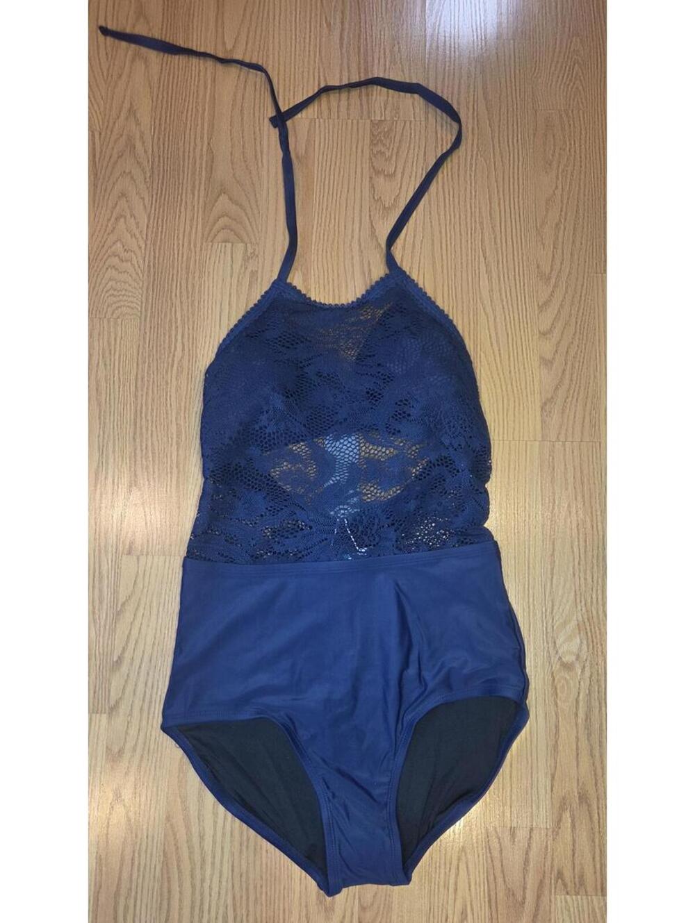 coastal blue- small- Navy Blue Lace Halter One-Piece Swimsuit